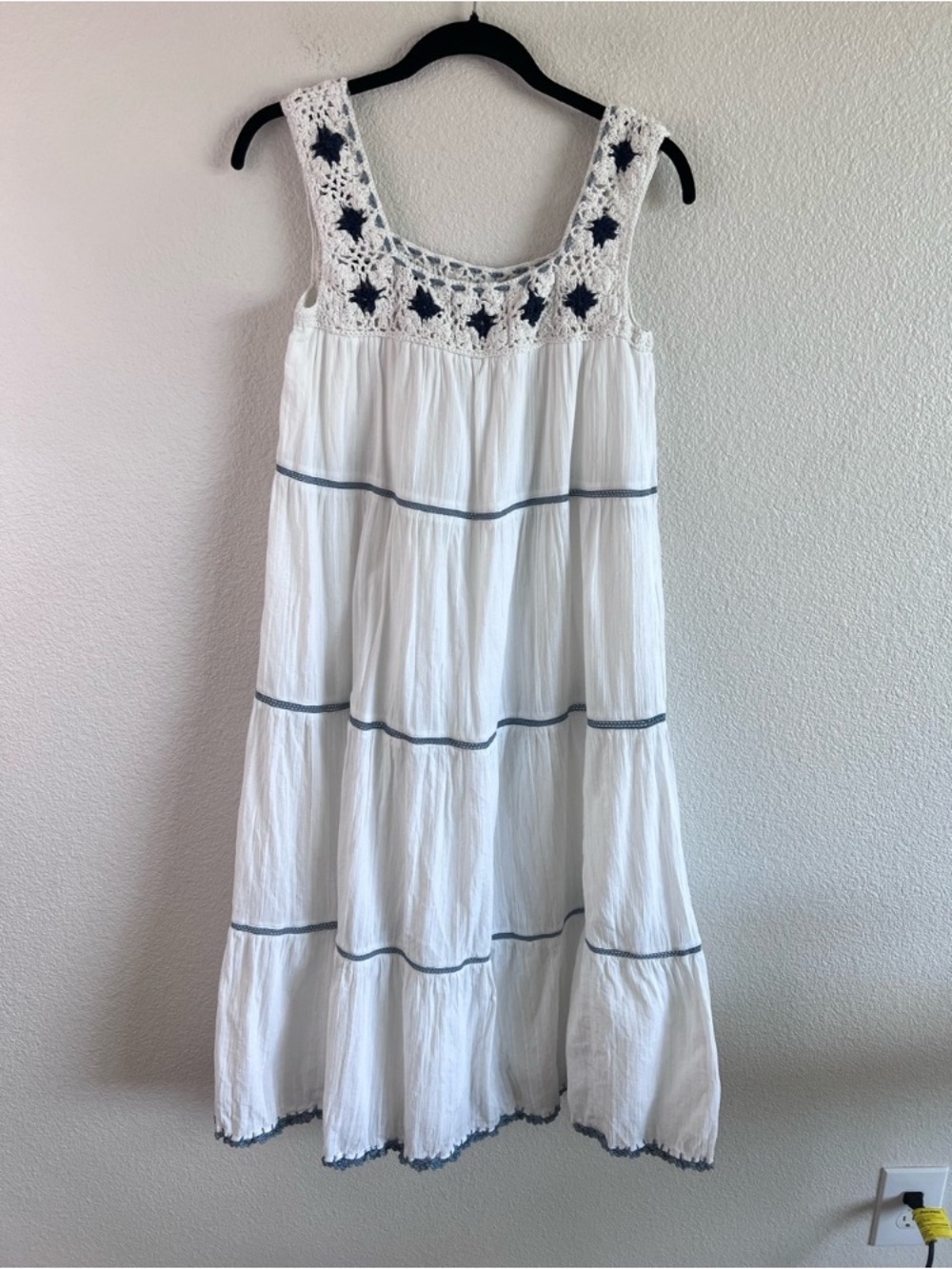 White Tiered Crochet-Top Sundress with Navy Accents